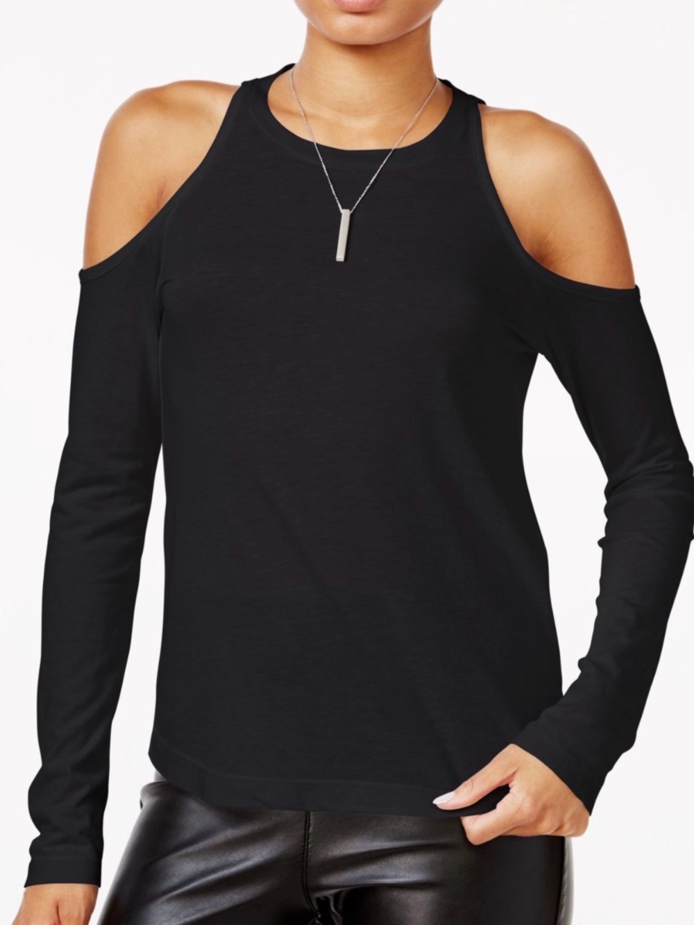 Juniors' Crewneck Cold-Shoulder Ribbed Top Black M